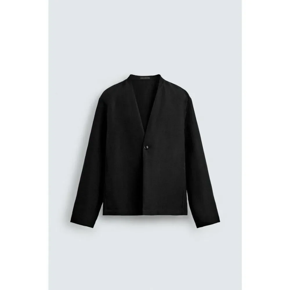 Zara Mens Suit Blazer M Black Relaxed Fit Collarless Jacket linen 5765/237 NWT
